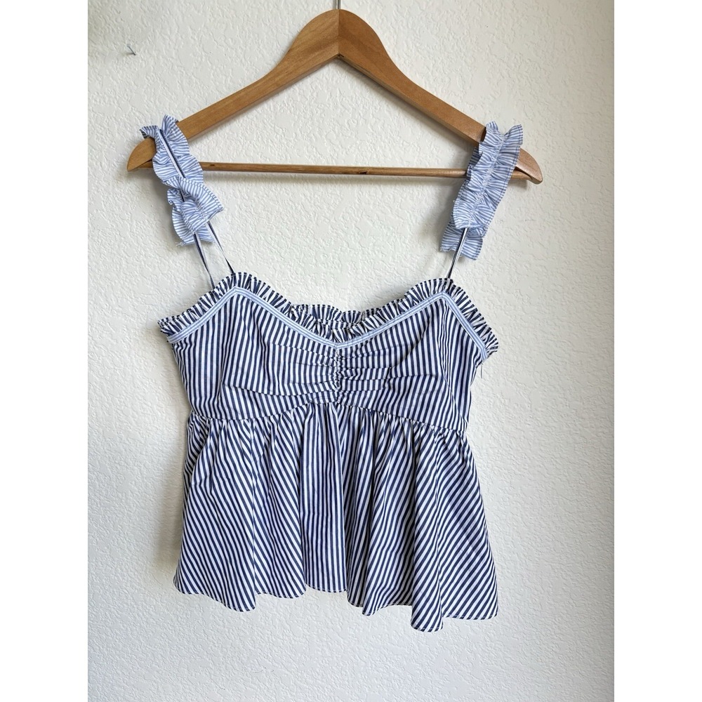 Zara Stripe Babydoll Crop Top Ruffle XS Blogger Boho Stripe Blue Cottagecore